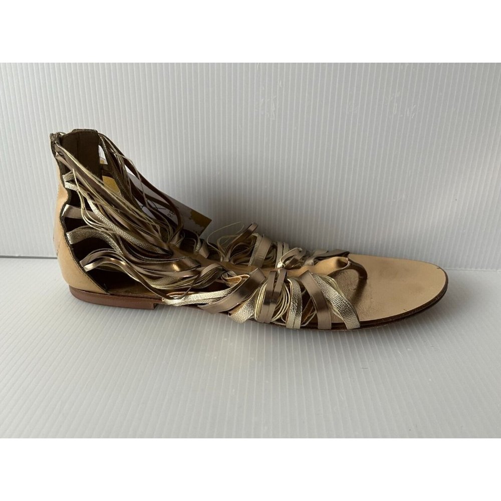 Jimmy Choo Gold & Tan Leather Gladiator Sandals, Size 7.5 (US), 37.5 (EU)